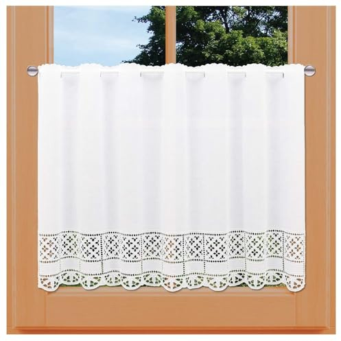 Scheibengardine Petrissa Vogtländische Spitze | Landhaus-Scheibenhänger mit Bohrarbeit in weiß | Kurzgardine im modernen Shabby Chic | zeitloses Panneaux aus Baumwoll-Linon Höhe x Breite 61 x 66 cm