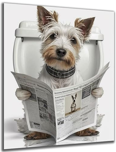 DARO Design - Bilder Deko Gäste WC Wandbild Badezimmer Bad Toilette Kunstdruck Bild auf 6mm HDF 30x20 cm Terrier Wanddeko - lustige Wandbilder Leinwand Poster Aesthetic Room Decor Hund Dog