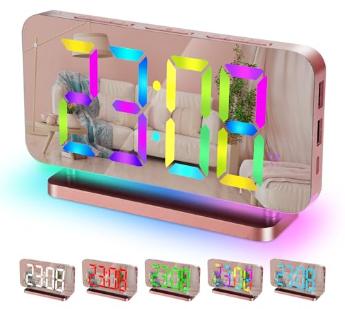 Sukeen Réveil, Horloge numérique LED 7,4, reveil Miroir avec Affichage de l'heure 11 Couleurs, veilleuse RVB 10 Modes, Port de Chargeur USB C, Volume, luminosité, reveil ado Enfant-Or Rose