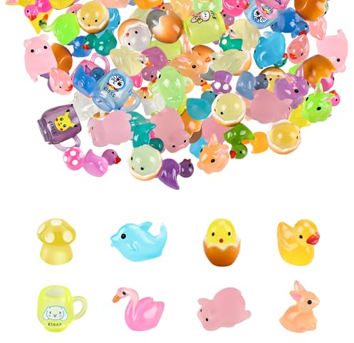 60 Pieces Mini Tier Leucht Harz Enten Miniaturfiguren Kleine Ducks Pilze Schwan Schwein Delphin Enten Huhn Kaninchen Miniaturfiguren für Garten Landschaft Puppenhaus Ornament DIY Craft Dekorationen