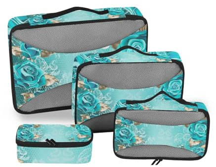 Lot de 4 cubes d'emballage de voyage pour valise, dentelle, turquoise, roses, blanc et doré, organiseur de voyage, cubes d'emballage de bagages, lot de 4 pochettes de compression légères