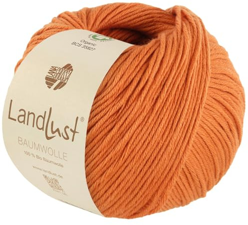 LANA GROSSA Landlust Baumwolle | Klassisches Bio-Baumwollgarn, Gots zertifiziert | Handstrickgarn aus 100% Baumwolle (Bio) | 50g Wolle zum Stricken & Häkeln | 115m Garn FB 26 Zimtorange