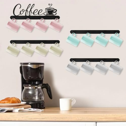 QUMENEY 4 Pcs Coffee Mug Holder Wall Mounted Metal Coffee Mugs Hanger Organizer Storage Display Rack with 16 Hooks Coffee Sign Decor for Kitchen Coffee Bar Station Accessories Office