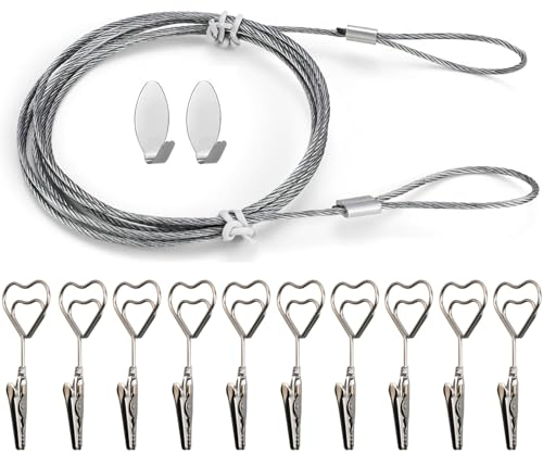 Filo per Appendere Foto 1.6 m X 2 mm con 10 Pinzette in Metallo Cuore, Corda per Foto Cavo Acciaio Cavo per Appendere Foto Cordini Regolabili in Acciaio Inox per Appendere delle Foto Cartolina