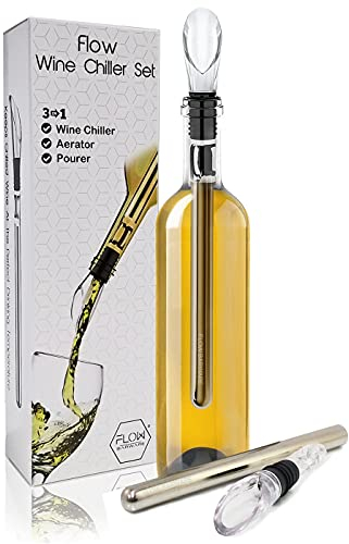 FLOW Barware Wine Cooler | 3-in-1 Wine Bottle Cooler, Chiller Stick, Aerator & Drip Free Pourer | Steel Chiller Rod That Chills Your Wines from The Inside | Bottle Cooler Rod
