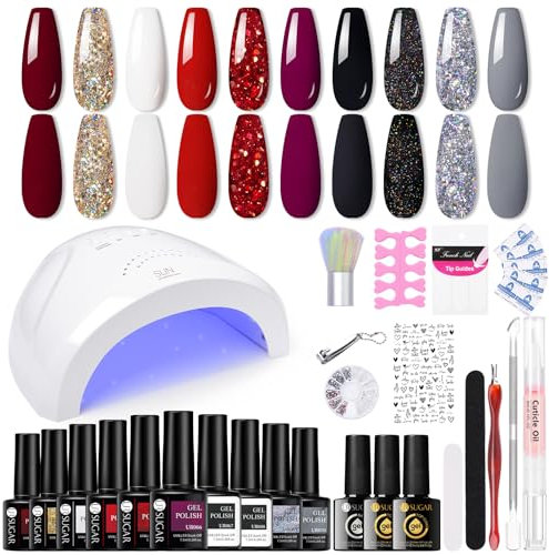 UR SUGAR UV Nagellack Set mit UV Lampe 48W, Gel Nagellack Starterset Nagellacks Starterset mit Base und Top Matte Coat Schwarz Grau Gellack Nägel Nagelstudio Set