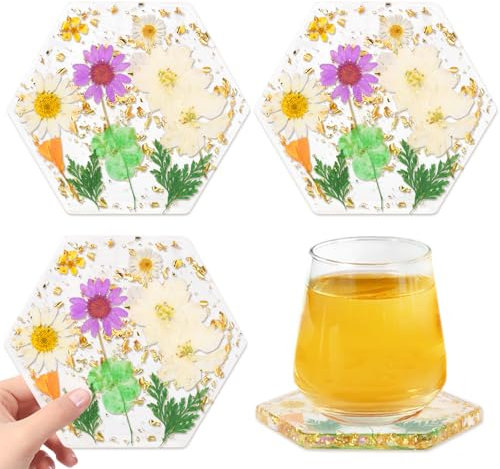 fanhuashijn Getränkeuntersetzer 6er-Set: Sechseckige Kunstharz-Untersetzer mit weißer Blume und Goldfolie für Schreibtisch, Couchtisch, Esstisch & mehr