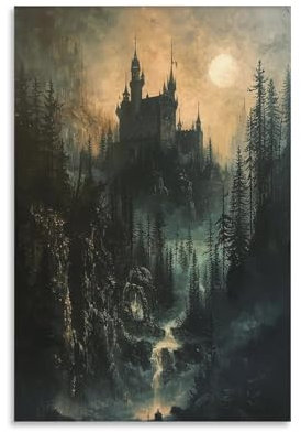 Poster mit Gothic-Schloss, dunkel, stimmungsvolle Landschaft, viktorianisches mittelalterliches Schloss, Kunstposter, Leinwandposter, Wandkunst, Dekordruck, Bild, Gemälde für Wohnzimmer, Schlafzimmer,