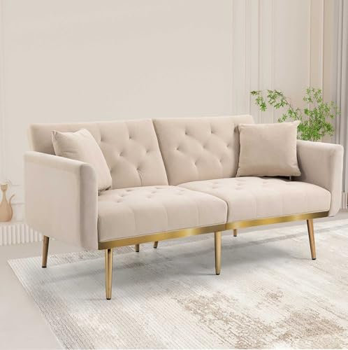 NIUAWASA Sofa Soft Samt 3-Seater, Umwandelbar in EIN 3-Fach Verstellbares Schlafsofa Robuste Metallfüße Geeignet für Wohnzimmer Schlafzimmer kleinen Raum (Beige)