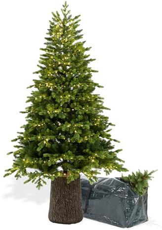 BOP Albero di Natale con Luci Incorporate e Base Tronco Zeus 210 cm - 1000 Led, Fogliame in PE Real Touch e PVC, Borsa Omaggio, Apertura ad Ombrello