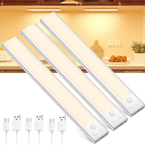 OUILA Schrankbeleuchtung LED mit Bewegungsmelder Unterbauleuchte Küche LED USB-C wiederaufladbar LED-Licht Dimmbar kabellos Nachtlicht für Küche Kleiderschrank Schrank 20.5CM 3 Stück