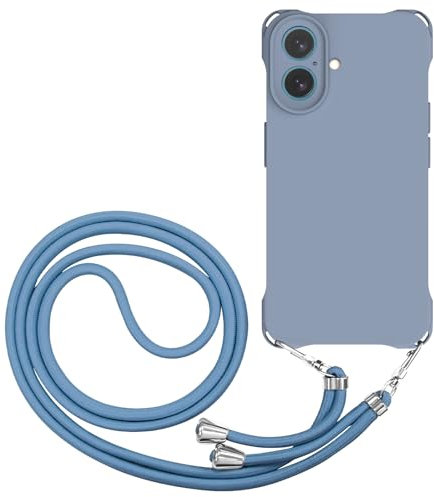 CAROKI Crossbody iPhone 16 Case, Lanyard Protective Liquid Silicone Case with Adjustable Length Detachable Lanyard Rope Shockproof Hands-Free Clear Phone Cover for iPhone 16-Dark Blue
