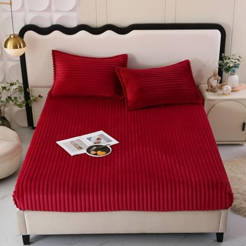 HAIBA Warme Fleece Spannbettlaken 153 x 203 cm Rot plüsch bettlaken für Boxspringbett bis 30 cm Höhe Winter Warme Flauschige Bettlaken Cashmere Touch Spannbetttuch