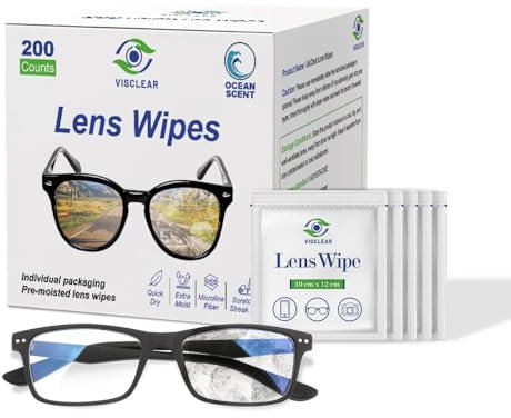 VisClear Lens Wipes for Eyeglasses, 200 Counts, Ocean Scented Individually Wrapped Pre-Moistened Eyeglass Cleaner Wipes, Streak-Free & Scratch-Free Glass Wipes for Eyeglasses, Camera Lens