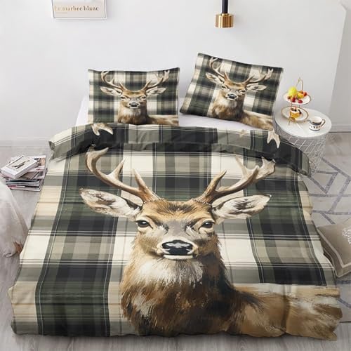 Generisch Hirsch Deko - Winter Bettwäsche 140x200 Hirsch, Rustikale Kariert Bettbezug 2er Set mit 1 Kissenbezug 70x90, Weiche Mikrofaser Winterbettwäsche mit Reißverschluss S*&117