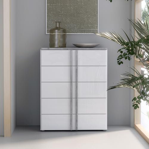 FORTE BUGANVILLA Kommode 85 aus Holzwerkstoff mit 5 Schubladen, Weiß/Betonoptik, 80,7 cm breit x 100 cm hoch x 42 cm tief