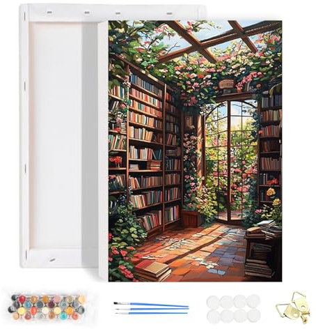 HEIBAGO Encadré Paint by Numbers pour Adultes, Bibliothèque Paint by Numbers Canvas pour Débutants, DIY Kit de Peinture Paysage pour Enfants, Peinture par Numéros pour Décoration de la maison 20x30cm