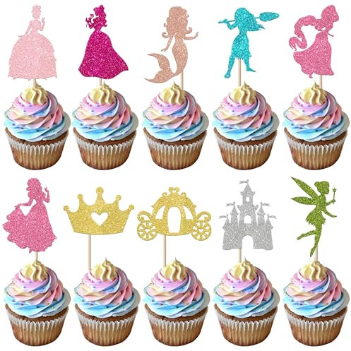 40 Pack Princess Cupcake Toppers Glitter Castle Pumpkin Carriage Cupcake Picks Fairy Mermaid Cake Decorations for Princess Theme Baby Shower Birthday Party Cake Supplies Multi