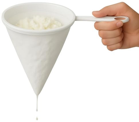 CHEFZOCO Colador de Cocina Multiuso de Tela, Colador kefir, Utensilio para colar cafe, Filtro Eficiente para Aceite y Jugos, Mango de plástico, Con 2 ganchos de sujeción, Diámetro del colador 20 cm