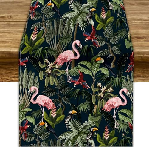 Jungle Animal Table Runner, Vintage Summer Tropical Rainforest Flamingo Parrot Birds Palm Trees Table Runner for Home Kitchen Dining Party Indoor Outdoor Decoration, 13x70inch