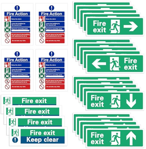 GETRICH 28 Pcs Fire Exit Sign Set, Fire Safety Signs Self Adhesive(Right, Left, Up, Down Arrow) 300mm x 100mm, Fire Action Notice Sign, Fire Exit Keep Clear Sign, Weatherproof Fire Exit Signs