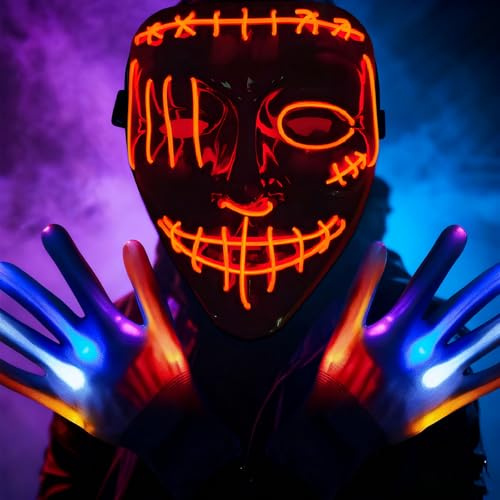 KOMEIYL Glühende Halloween Maske, Leuchtende Maske 3 Beleuchtungsmodi, Led Horror Maske Bringen Glühhandschuhe, Gilt für Halloween-Mottopartys, Festivals für Elektronische Musik