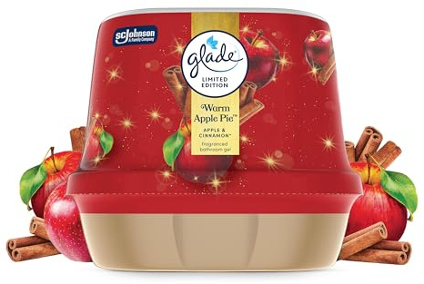 Glade Fragranced Bathroom Gel Air Freshener, Discreet Odour Eliminator Infused with Essential Oils, Limited Edition Christmas Air Freshener, Warm Apple Pie, 180g