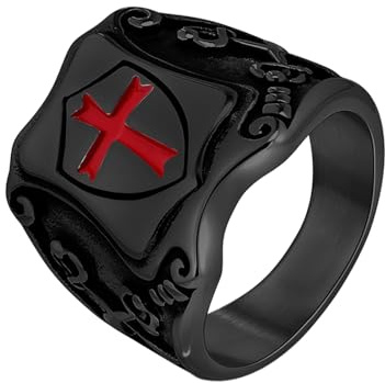 JewelryWe Kreuzritter Tempelritter Ring Herren, Edelstahl Herrenring Siegelring mit Rot Kreuz Schild Vintage Mittelalterlicher Fingerring Wikinger Hip Hop Biker Schmuck für Männer