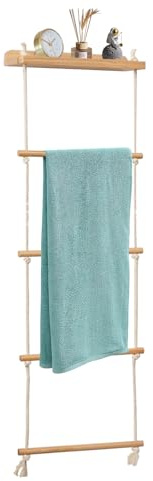 Handtuchleiter, 5-Schicht Handtuchregal Badezimmer Wand Montage Strickleiter Handtuchständer Holz mit Regal Holzdecke Handtuchhalter Leiter mit Bohren Collapsible Towel Holder Leiter Deko