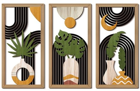 suaywo 3 Stücke Boho Wanddekoration Set aus Holz Boho Wand Deko Wanddeko mit Haken Moderne Leichte Holz Wandskulpturen für Wohnzimmer, Schlafzimmer, Flur - 40 x 20 x 0,5 cm