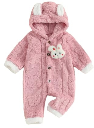 Lshyuehao Newborn Baby Girl Romper Long Sleeve Button Zipper Hooded Jumpsuit Cute Bunny Love Heart Snowsuit Fluffy Flannel Girls Winter Clothes