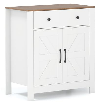 FANTASK Küchenschrank Sideboard, Buffetschrank Landhausstil mit Arbeitsplatte, Schublade sowie 2 Türen und verstellbarem Regal, Aufbewahrungsschrank für Küche Esszimmer Wohnzimmer, Weiß