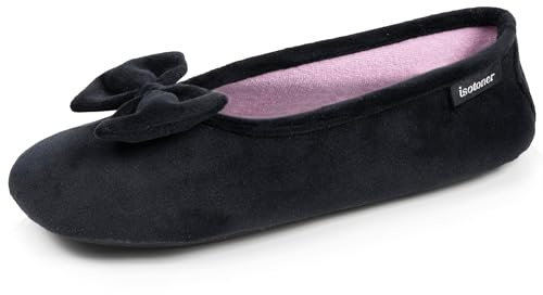 Isotoner Chaussons pantoufles Ballerines femme velours semelle ultra souple mousse à mémoire forme, 41/42, noir