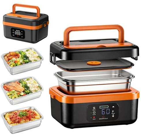 Heated Lunch Box for Adults,1L Cordless Electric Lunch Box Battery Powered | Rechargeable Self Heating Food Heater with Tableware & Insulated Bag for Office Travel Outdoor Camp Picnic (Orange)