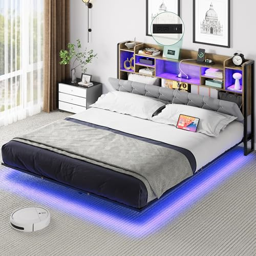 YITAHOME Bed Frame,LED with Headboard,USB Ports & Charging Outlets,Metal Platform Bed Frame with 2 Tiers Storage Shelves, No Box Spring Needed Super King Size Light Grey Color