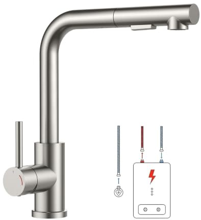FORIOUS Niederdruck Armatur Küche, L-förmiger Küchenarmatur Ausziehbar, Mischbatterie mit 3 Anschlüssen für Boiler oder Untertischgeräte, 2 Wasserflussmodi und 360° Drehbare, Edelstahl, Gekerbt