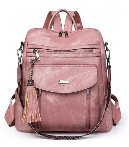 ZOVYRON Modischer Rucksack für Damen, PU-Leder, Diebstahlschutz, Laptop-Rucksäcke, mehrere Taschen, große Kapazität, Rucksack mit abnehmbarem Gurt für Arbeit, Studium und Reisen, rose, L, modisch