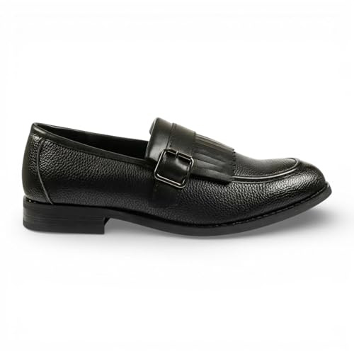 Infinity Leather Dolcetto Herren-Slipper aus schwarzem Kunstleder mit Fransen und Monk-Strap-Verschluss