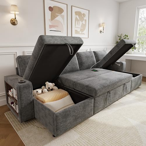 FammyLoft U‑förm Schlafsofa mit Bettkasten, Schlafcouch mit USB/Type‑C Anschlüssen, Big Sofa mit Armlehnen‑Ablage & Becherhalter, Sofa Bed, für Wohnzimmer und Schlafzimmer, 270cm, Metallrahmen, Grau