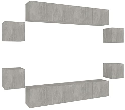 Coespram 8-TLG. TV-Schrank-Set Betongrau, Modernes Lowboard hängend aus Holzwerkstoff, Wandmontierte TV-Konsole für das Wohnzimmer, 8-teilige Wohnwand mit viel Stauraum