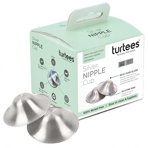 Turtees Coppe per capezzoli in argento puro 999 per l'allattamento al seno, coppette riutilizzabili in argento con anello in silicone, leniscono e proteggono i capezzoli doloranti, senza nichel ed