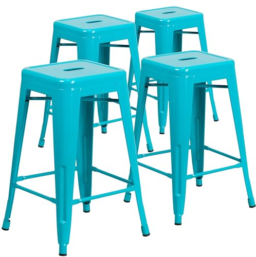 Flash Furniture Kai Hocker in handelsüblicher Qualität, 61 cm hoch, rückenfrei, Kristall, Blaugrün, für drinnen und draußen, Thekenhöhe, 4 Stück