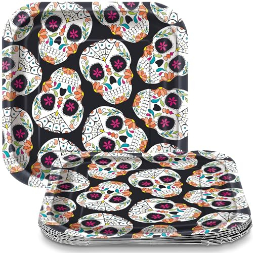 Unique Party 77064 - 18cm Square Skull Day of the Dead Halloween Paper Plates, Pack of 10