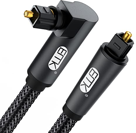 EMK Cable óptico de ángulo recto, cable de fibra óptica de enchufe Toslink giratorio de 90 grados para reproductor de Blu-Ray, barra de sonido, HDTV, PS3/PS4, Xbox (0,3M, Cable Óptico 90°, Negro)