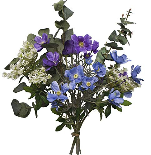 2474U Kunstblumen-Strauß Eva Künstliche Blumen im Strauß gebunden Seidenblumen blau lila Schleierkraut Eucalyptus Naturgetreu Witterungsbeständig Grabdekoration Grabstrauß ohne Vase