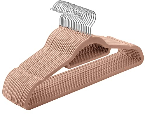 SONGMICS Kleiderbügel Samt, 20er Set, Bügel, rutschfest, kleine Stange für Krawatten, 360° drehbarer Haken, 0,6 cm dick, platzsparend, 43,5 cm lang, für Mäntel, Hosen, Silber-Hellbraun CRF020LB20