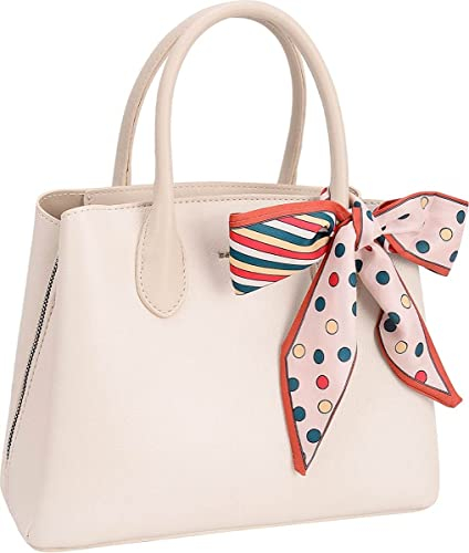 David Jones - Damenhandtasche, Einkaufstasche, PU-Leder, Schultergurt, mehrere Fächer, Einkaufstasche, elegant, klassisch, schick, mit Schleife, elfenbeinfarben, Einheitsgröße
