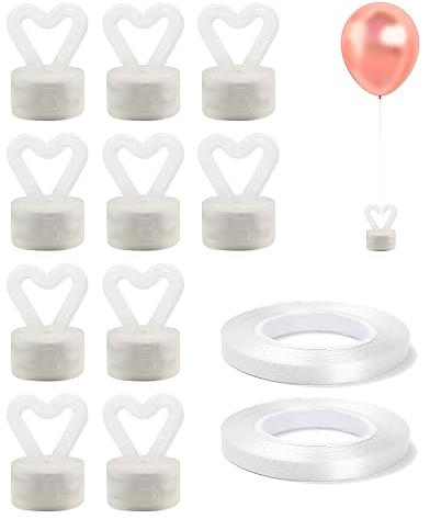 Lot de 10 poids de ballons réutilisables en forme de cœur avec 2 rouleaux de ruban de 10 m - Kit de poids pour ballons - Pendentif de ballon - Support de ballon - Convient pour fête d'anniversaire,