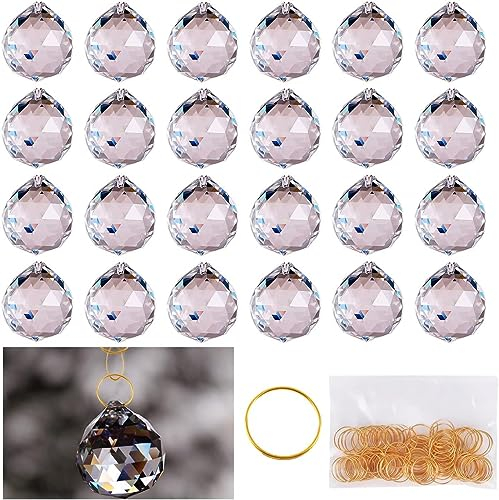 UptVin 24 cristales colgantes de bola de prisma de cristal, 100 anillos, bola de cristal de metal, arco iris para decoración de ventanas, hogar, oficina, jardín, decoración, atrapasueños de ventana,