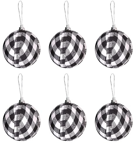 ISAKEN 6 Stück Weihnachtsbaumkugeln Schwarz Weiß 7CM Kunststoff Christbaumkugeln Weihnachtsdeko mit Aufhänger Kariertes Muster Baumschmuck Weihnachtsbaumschmuck für Weihnachten Party Dekoration